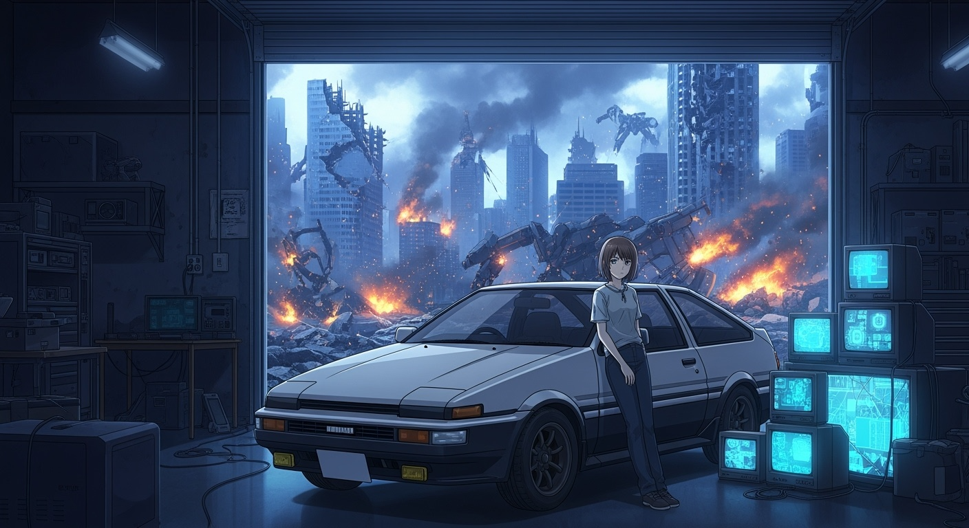 Gemini Imagen 4 Preview – Girl Leaning on Fender Amid Mecha Battle