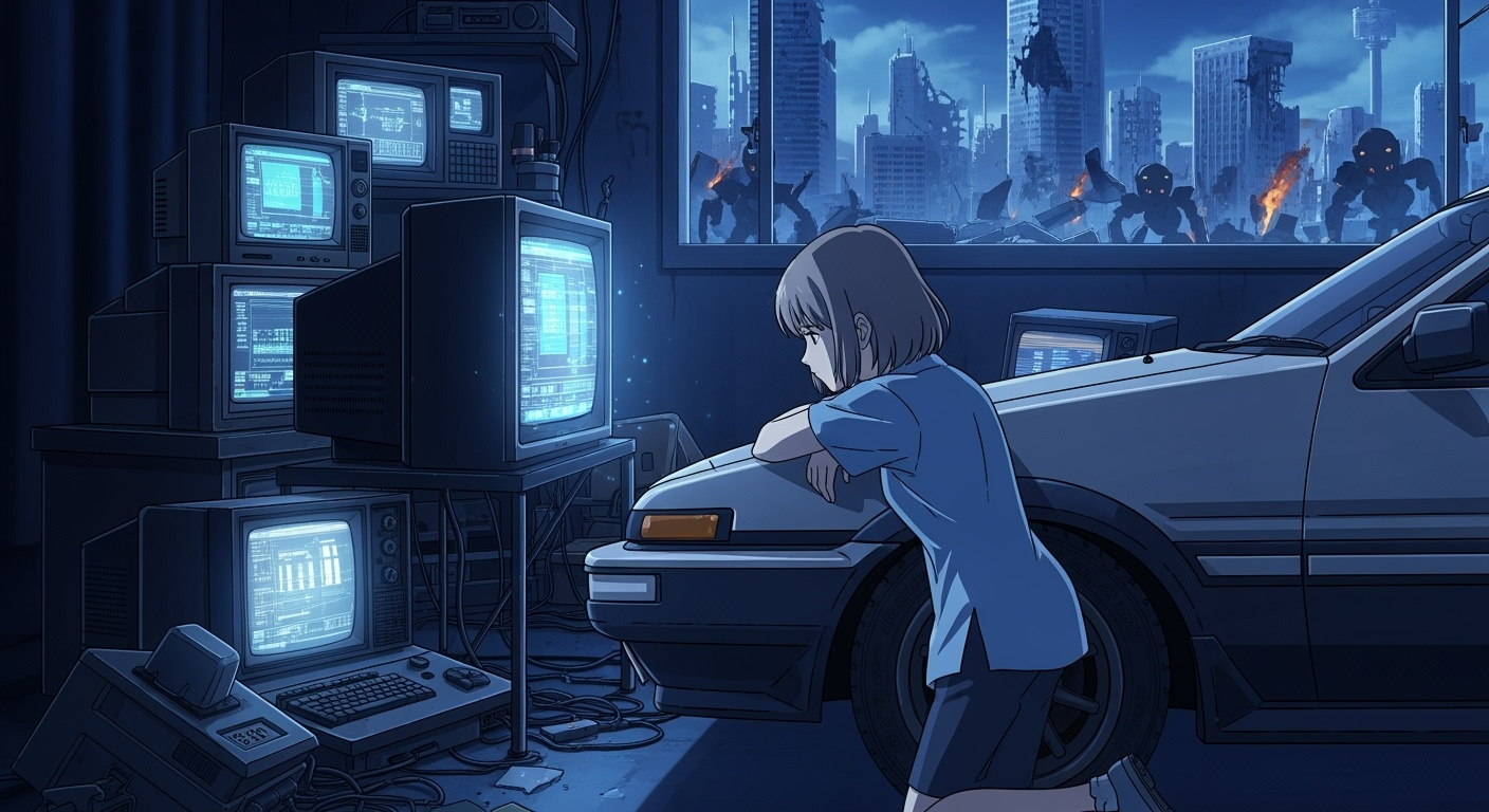 Gemini Imagen 4 Preview – Girl Close to Monitor in Retro Garage