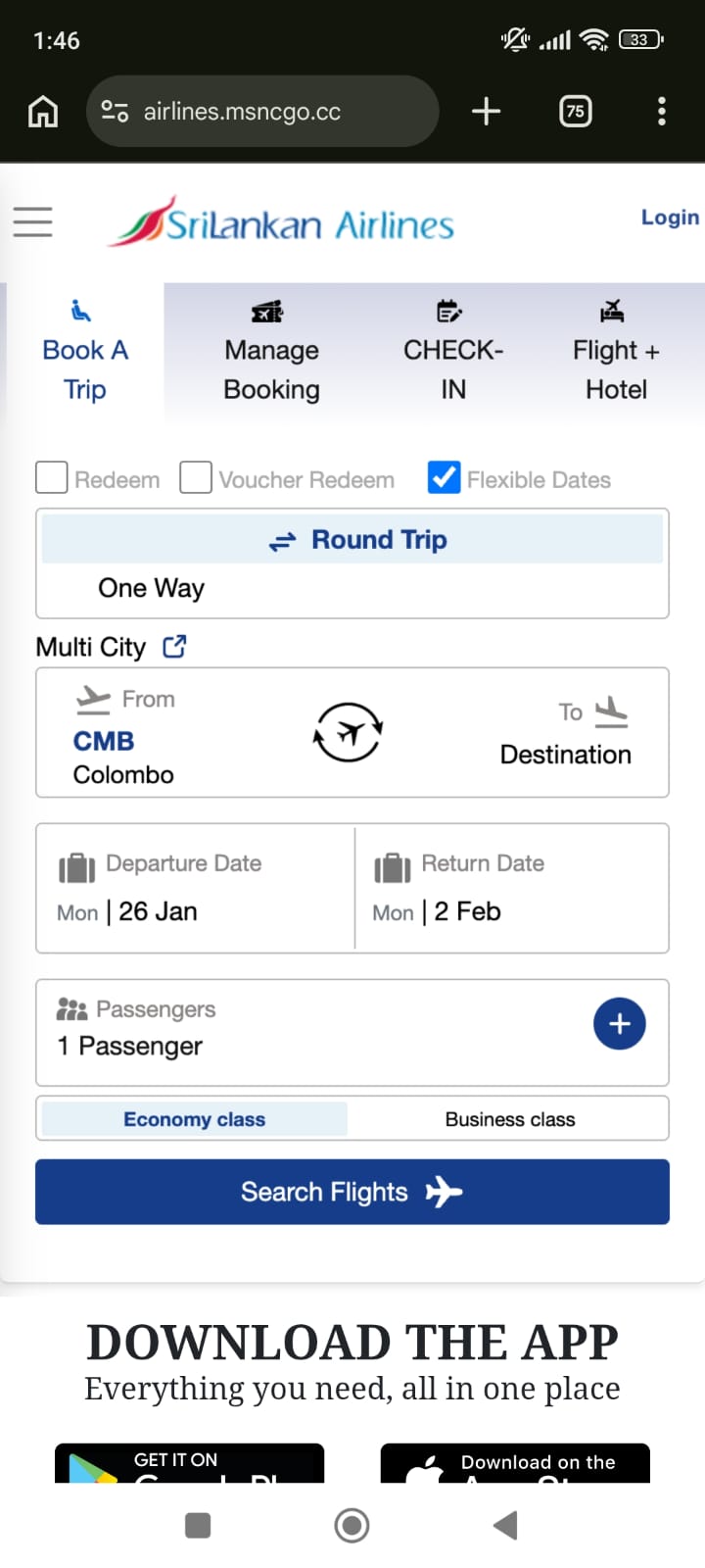 Phishing landing page impersonating SriLankan Airlines